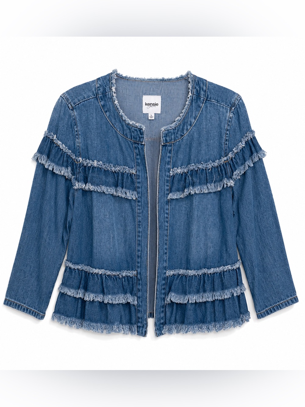 Kensie Jean Frayed Ruffle Denim Jacket Boho Western Layering Piece Size L